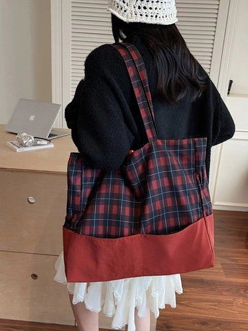 Women Large Capacity Plaid Tote Bag Vintage Splicing Design Canvas Fabric Shoulder Bag For Daily Commuting Travel Handbag