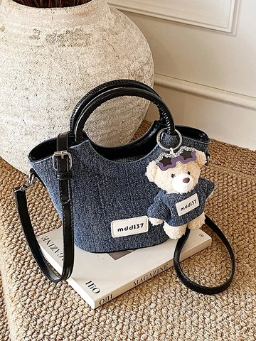 Women's Korean Style Denim Bucket Bag Contrast Color Stitching Fashion Shoulder Crossbody Bag With Bear Charm Handbag
