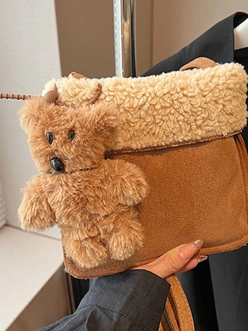 Damen Vintage Sherpa Eimertasche Mit Süßem Teddybär Plüsch Anhänger Winter Lässige Umhängetasche Schultertasche