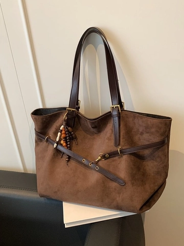 Borsa Tote in Finta Pelle Scamosciata Grande Capacità Borsa a Tracolla Vintage Con Ciondolo Perline Donna Pendolare Quotidiano