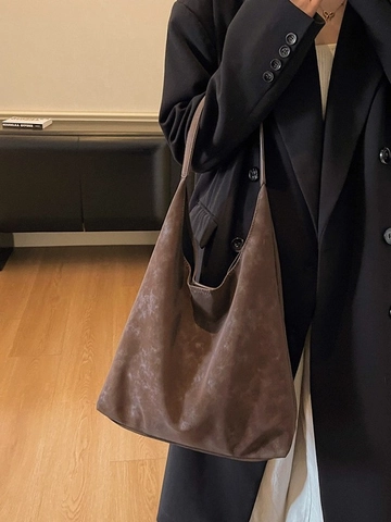 Damen Retro Große Kapazität PU Tragetasche Mattierte Wildlederoptik Hobo Schultertasche Minimalistische Pendler Handtasche Mit Anhänger