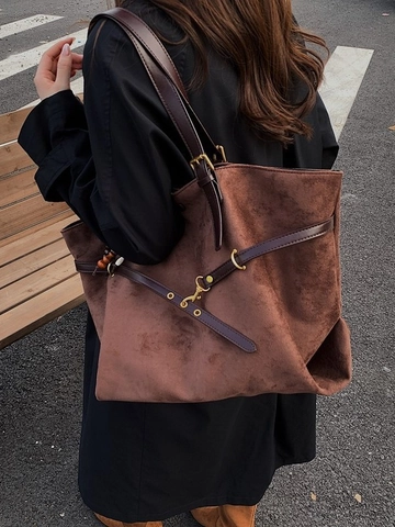 Borsa Tote in Finta Pelle Scamosciata Grande Capacità Borsa a Tracolla Vintage Con Ciondolo Perline Donna Pendolare Quotidiano
