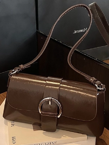Bolso de Axila Retro de Cuero PU Brillante para Mujer Bolso de Hombro Minimalista Con Hebilla de Metal Plateado Bolso Versátil