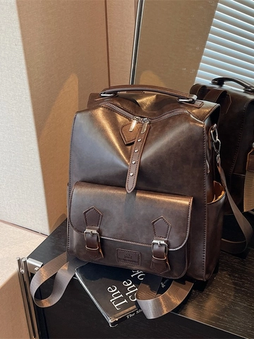 Women Vintage PU Leather Backpack Large Capacity Fashion School Travel Bag Retro Double Buckle Stitching Soft Solid Color Bag