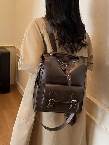 Women Vintage PU Leather Backpack Large Capacity Fashion School Travel Bag Retro Double Buckle Stitching Soft Solid Color Bag