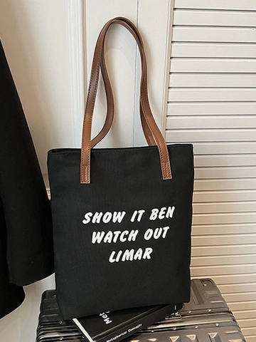 Borsa Tote in Tela da Donna Grande Capacità Stampa Lettere Tracolla a Contrasto Cerniera Borsa a Spalla Casual