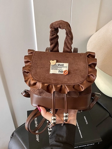 Mochila Mini Vintage para Mujer Estampado de Leopardo Cuero PU Empalme Borde con Volantes Mochila con Cordón Lindo Llavero de Oso Bolso de Viaje Diario