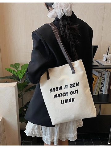 Borsa Tote in Tela da Donna Grande Capacità Stampa Lettere Tracolla a Contrasto Cerniera Borsa a Spalla Casual