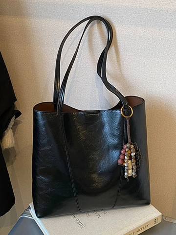 Damen Große Kapazität PU Leder Tote Bag Vintage Ölwachs Textur Umhängetasche Pendler Handtasche Mit Bunten Perlenanhänger