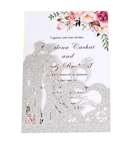 Biglietti d'Invito per Matrimonio a Cuore Tagliati al Laser Carta Luccicante Mr Mrs Silhouette di Coppia Invito Romantico