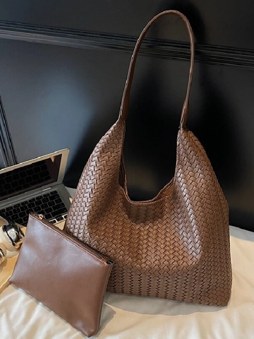 Women Woven Shoulder Bag Large Capacity PU Leather Hobo Tote Bag And Small Pouch Fashion Minimalist Daily Commuting Handbag