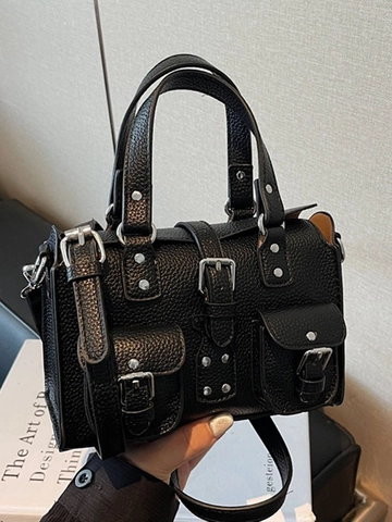 Borsa a Tracolla Moto Vintage da Donna in Pelle PU con Trama Litchi Rivetti e Multitasche Borsa a Mano Piccola Boston Daily