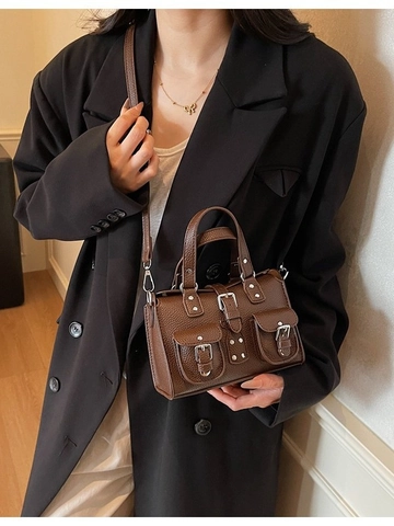 Borsa a Tracolla Moto Vintage da Donna in Pelle PU con Trama Litchi Rivetti e Multitasche Borsa a Mano Piccola Boston Daily