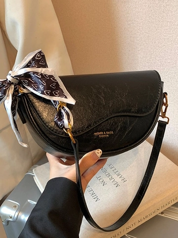 Retro PU Leather Saddle Bag For Women Fashion Solid Color Crossbody Shoulder Bag With Decorative Scarf Commute Messenger Purse