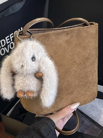Damen Frosted PU Leder Eimertasche Schultertasche Mit Plüsch Kaninchen Anhänger Retro Leopardenmuster Handtasche Umhängetasche