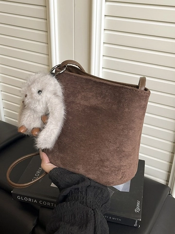 Damen Frosted PU Leder Eimertasche Schultertasche Mit Plüsch Kaninchen Anhänger Retro Leopardenmuster Handtasche Umhängetasche