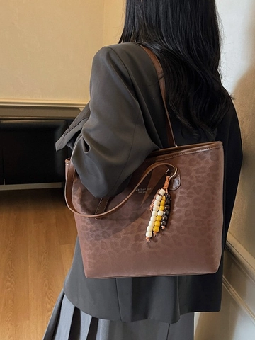 Leopardenmuster Tragetasche Große Kapazität Mattierte PU Leder Vintage Umhängetasche Mit Anhänger Damen Mode Handtasche