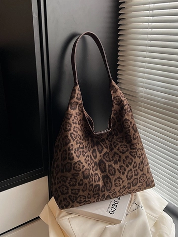 Borsa Tote Grande Capacità Stampa Leopardata in Camoscio da Donna Vintage Fashion Versatile Borsa a Spalla Casual da Pendolare
