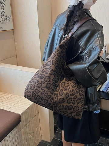 Borsa Tote Grande Capacità Stampa Leopardata in Camoscio da Donna Vintage Fashion Versatile Borsa a Spalla Casual da Pendolare