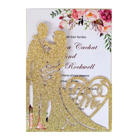 Laser Geschnittene Hochzeit Einladungen Glitzer Papier Paar Silhouette Herz Mr & Mrs Hohle Einladungskarten Umschläge