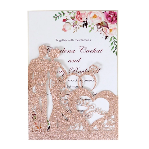 Biglietti d'Invito per Matrimonio a Cuore Tagliati al Laser Carta Luccicante Mr Mrs Silhouette di Coppia Invito Romantico