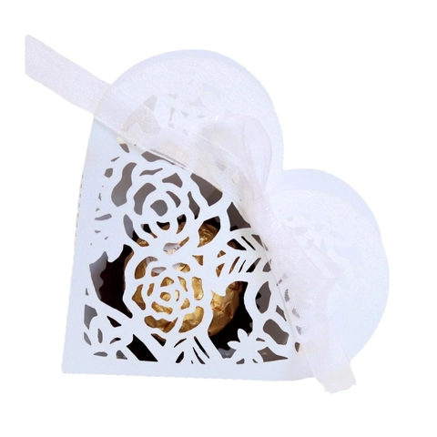 Boîte à Bonbons de Mariage en Forme de Cœur Découpe au Laser Rose Fleur Papier Perlé Boîte Cadeau de Chocolat Creuse Avec Nœud