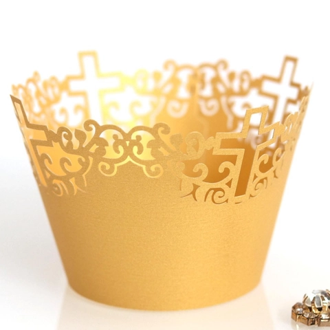 Laser Cut Cross Hollow Out Paper Cupcake Wrappers Filigree Lace Pattern Cake Border For Wedding Baptism Religious Event Decor