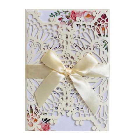 Laser Cut Wedding Invitations Pearlescent Paper Greeting Cards With Satin Ribbon Flower Pattern For Engagement Banquet