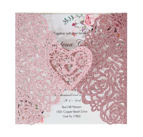 Partecipazioni di Nozze Rose Cuore in Carta Perlata Luccicante Intagliate al Laser Con Buste per Celebrazioni Romantiche San Valentino
