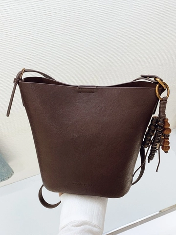 Damen PU Leder Eimertasche Minimalist Nischendesign Vintage Holzperlen Quasten Schulter Umhängetasche Große Kleine Handtasche