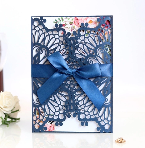 European Laser Cut Wedding Invitations Pearl Paper Floral Invitation Cards With Ribbon Bow Inner Sheet And Envelope For Engagement Party