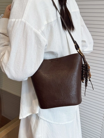 Damen PU Leder Eimertasche Minimalist Nischendesign Vintage Holzperlen Quasten Schulter Umhängetasche Große Kleine Handtasche