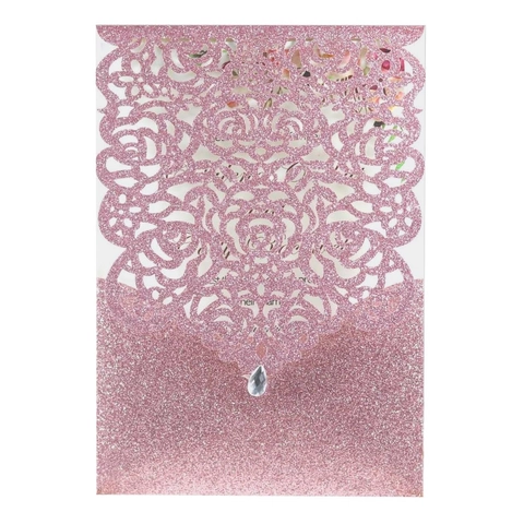 Inviti di Nozze Tagliati al Laser Rosa Floreale Glitter Cavi Biglietti d'Invito Con Strass per Fidanzamento San Valentino Festa