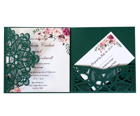 Inviti di Nozze in Stile Europeo Tagliati al Laser Verde Scuro Bianco Traforati a Forma di Fiore con Buste per Matrimonio