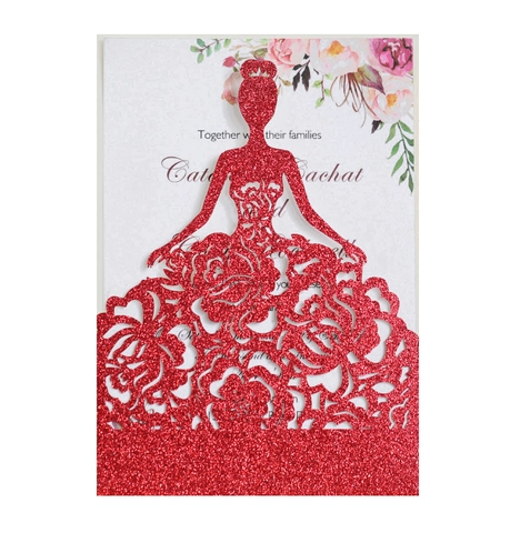 Elegante Glitzer Laser Geschnitten Prinzessin Hochzeit Einladungskarten Mit Umschlägen Rose Blume Hohl Grußkarte Für Party