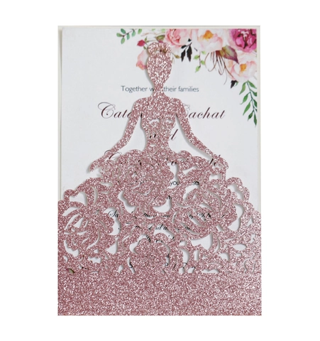 Glitter Laser Cut Wedding Invitation Cards Princess Silhouette Floral Rose Pattern Elegant Bridal Party Invitations