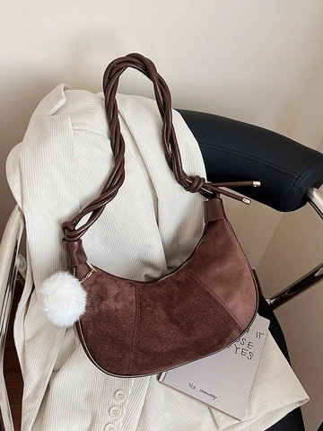Bolso de Hombro Hobo Retro para Mujer Textura de Gamuza Cuero PU Bolso de Media Luna Correa Trenzada Con Colgante de Bola