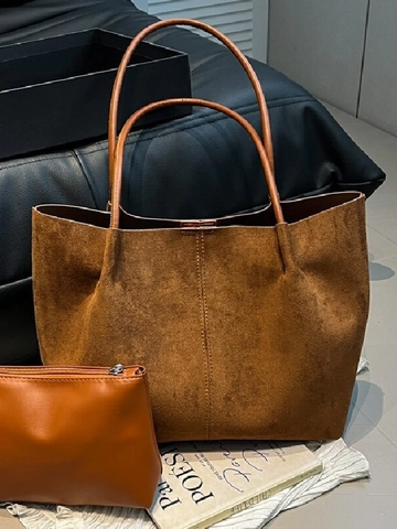 Minimalist Suede Tote Bag Large Capacity Shoulder Bag With Pouch Vintage Leopard Solid Color Handbag For Women Daily Use