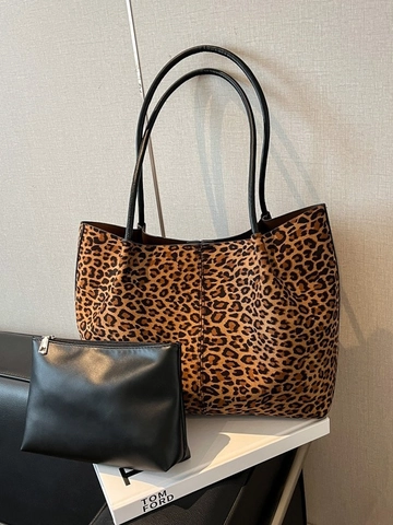 Minimalist Suede Tote Bag Large Capacity Shoulder Bag With Pouch Vintage Leopard Solid Color Handbag For Women Daily Use