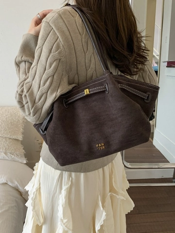 Bolso Tote Retro para Mujer Efecto Gamuza de PU Gran Capacidad Bolso de Hombro de Axila Minimalista Color Sólido