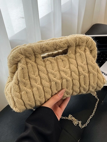 Borsa a Spalla da Donna in Maglia Intrecciata di Peluche Moda Autunno Inverno Tracolla a Catena Grande Capacità Borsa Casual