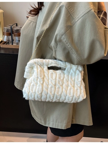 Borsa a Spalla da Donna in Maglia Intrecciata di Peluche Moda Autunno Inverno Tracolla a Catena Grande Capacità Borsa Casual