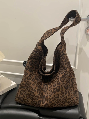 Sac Tote Femme Grande Capacité Imprimé Léopard Tissu Suède Sac à Épaule Rétro Style Britannique Sac à Main Décontracté Quotidien