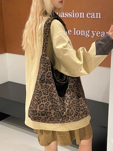 Sac Tote Femme Grande Capacité Imprimé Léopard Tissu Suède Sac à Épaule Rétro Style Britannique Sac à Main Décontracté Quotidien