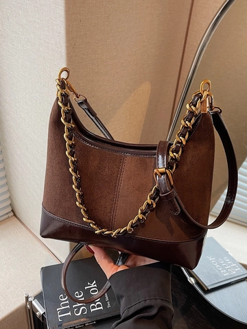 Sac Sous le Bras Vintage en Nylon Aspect Daim pour Femmes Sac Hobo à la Mode Avec Chaîne Dorée Sac Bandoulière Décontracté