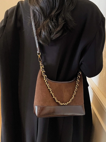 Sac Sous le Bras Vintage en Nylon Aspect Daim pour Femmes Sac Hobo à la Mode Avec Chaîne Dorée Sac Bandoulière Décontracté
