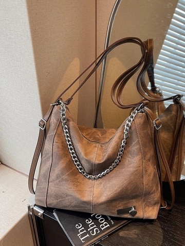 Borsa Tote in Pelle PU Vintage Grande Capacità per Donna Borsa a Tracolla Retrò con Catena in Metallo Zaino Multifunzionale