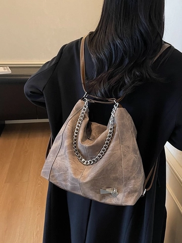 Borsa Tote in Pelle PU Vintage Grande Capacità per Donna Borsa a Tracolla Retrò con Catena in Metallo Zaino Multifunzionale