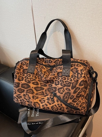 Borsa da Viaggio a Tracolla da Donna in Finta Pelle Scamosciata con Stampa Leopardata Grande Capacità Tote alla Moda Versatile