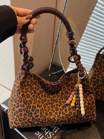Sac Sous le Bras Rétro en Cuir PU Imprimé Léopard pour Femmes Sac à Bandoulière Grande Capacité Avec Sangle en Perles de Bois